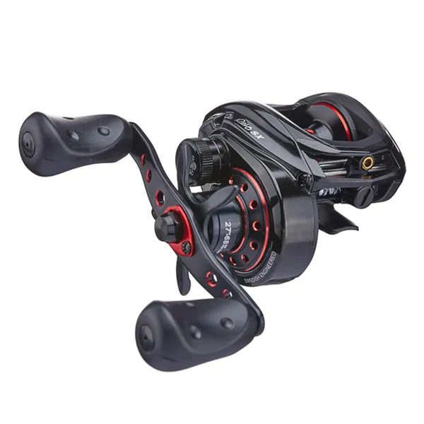 "Abu Garcia Revo SX baitcasting reel with black and silver finish, featuring ergonomic handle, adjustable drag system, and high-speed gear ratio. Image shows reel on white background.