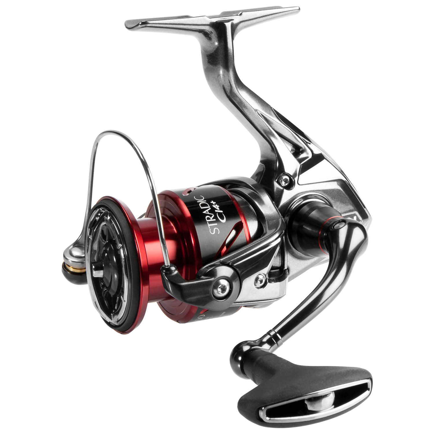 Hook Bass with this Shimano red and silver spinning fishing reel on a white background with a fishing line extending from the spool