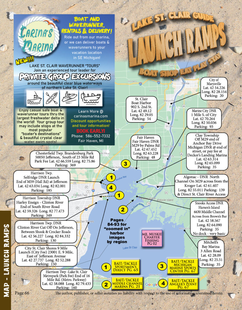 map of lake st Clair showing available boat launches