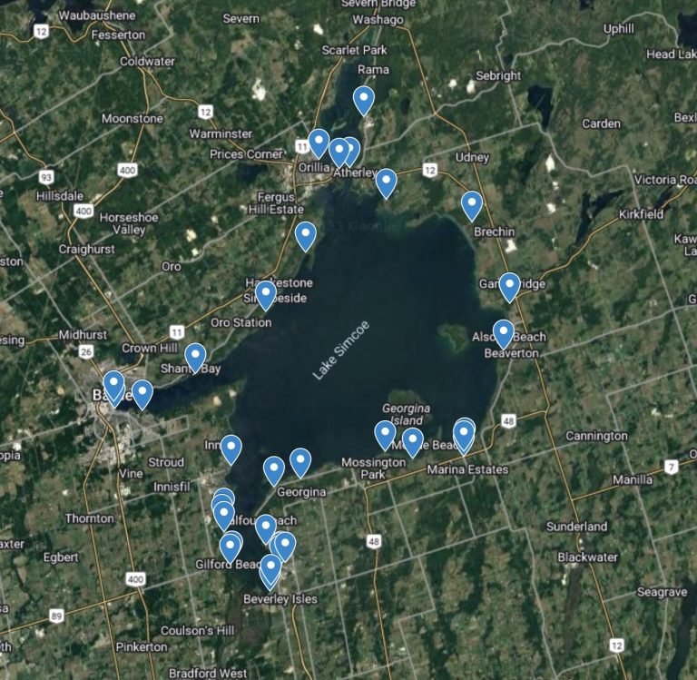 Google image of lake simcoe showing all of the boat launches